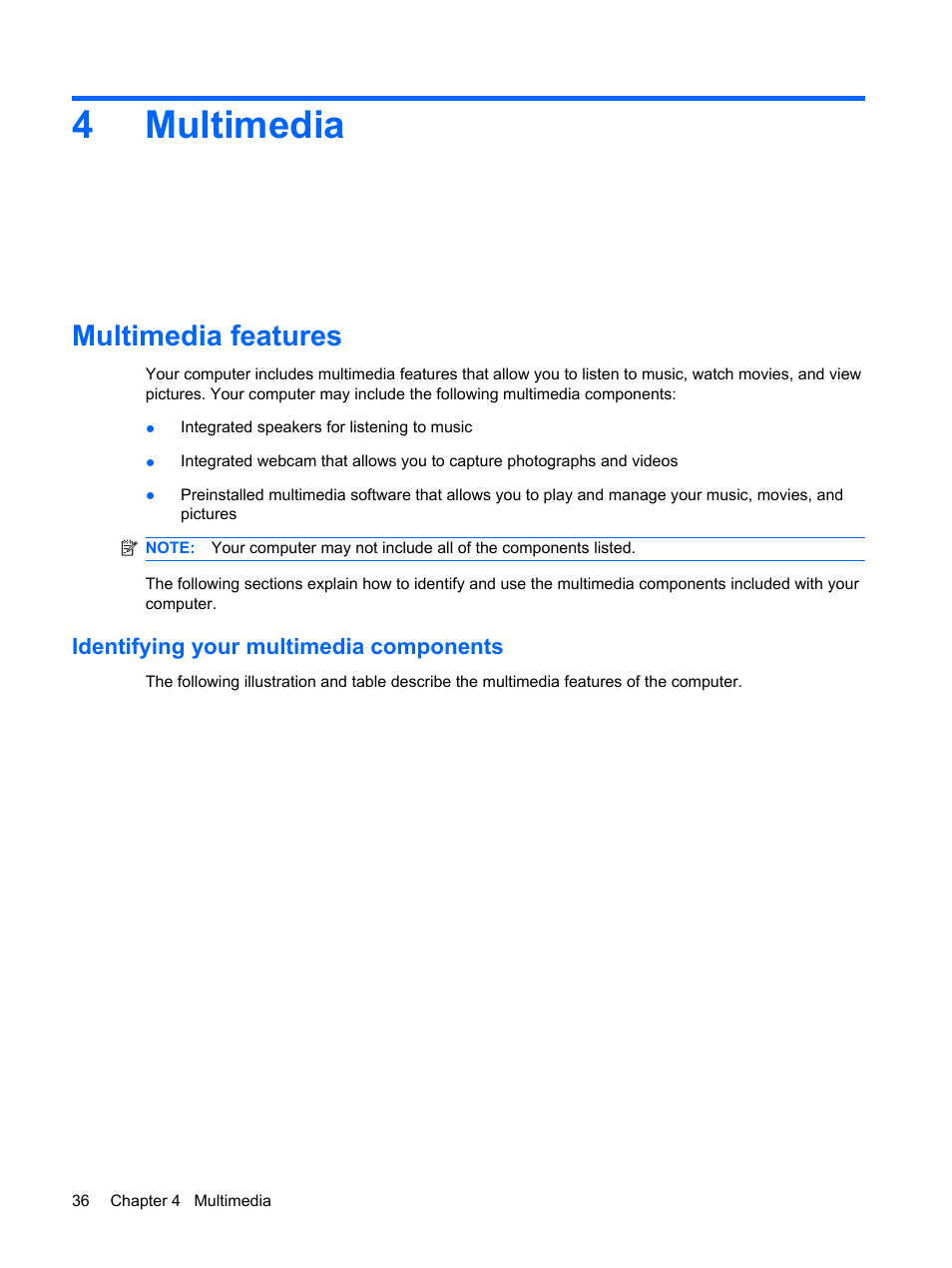 Multimedia, Multimedia features, Identifying your multimedia components | 4 multimedia, 4multimedia | Compaq Bluetooth Headset User Manual | Page 44 / 85