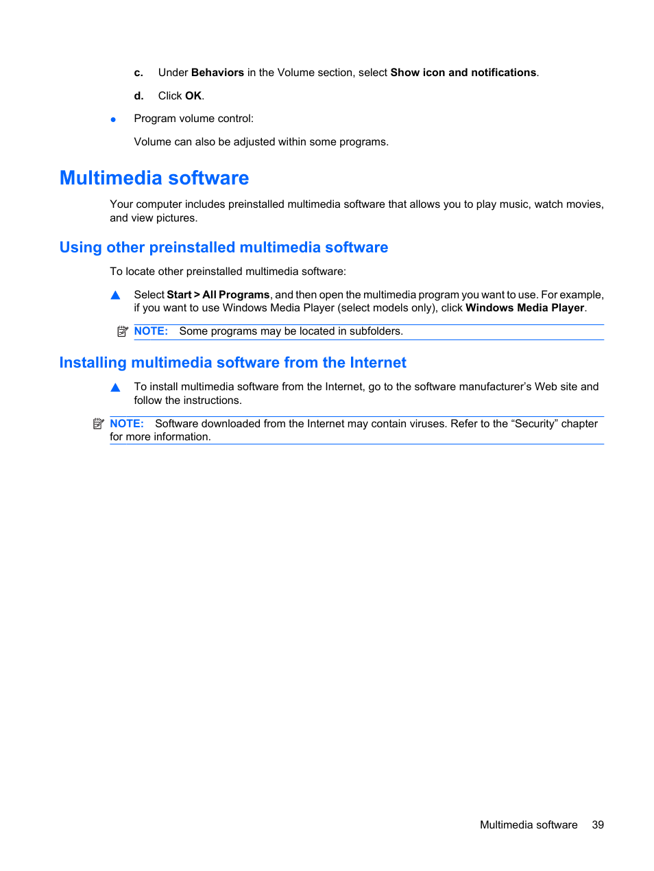 Multimedia software, Using other preinstalled multimedia software, Installing multimedia software from the internet | Compaq Bluetooth Headset User Manual | Page 47 / 85