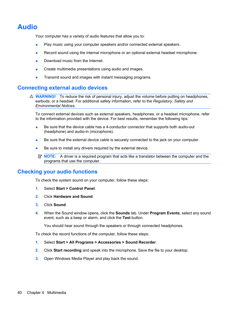 Audio, Connecting external audio devices, Checking your audio functions | Compaq Bluetooth Headset User Manual | Page 48 / 85