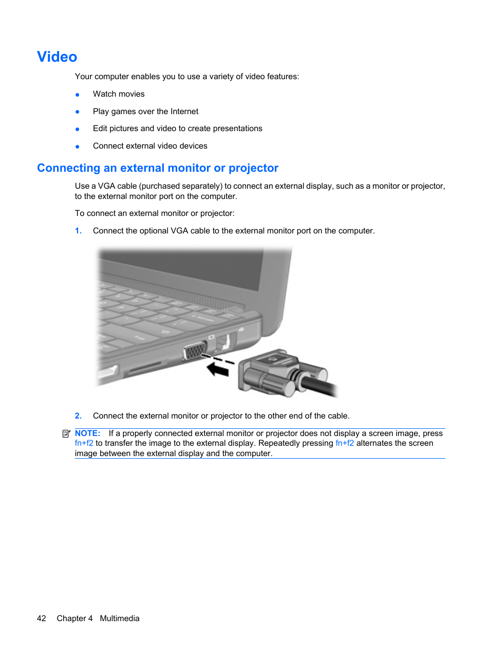 Video, Connecting an external monitor or projector | Compaq Bluetooth Headset User Manual | Page 50 / 85