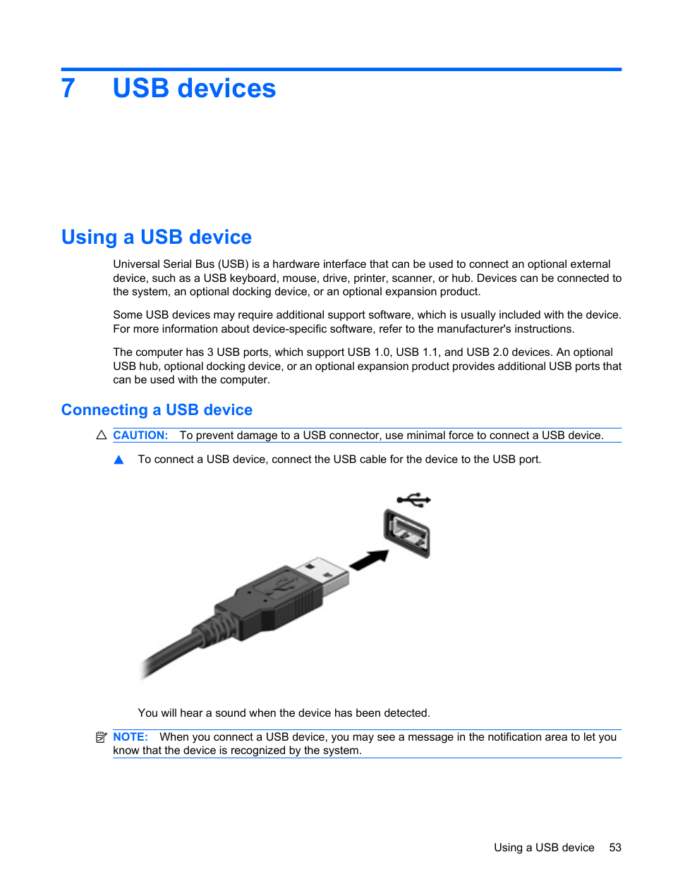 Usb devices, Using a usb device, Connecting a usb device | 7 usb devices, 7usb devices | Compaq Bluetooth Headset User Manual | Page 61 / 85