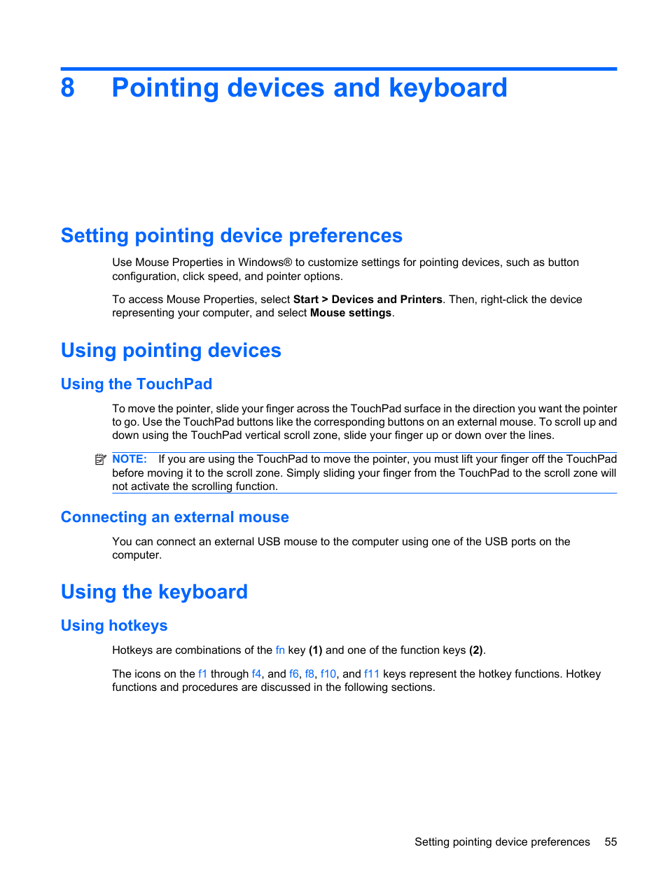 Pointing devices and keyboard, Setting pointing device preferences, Using pointing devices | Using the touchpad, Connecting an external mouse, Using the keyboard, Using hotkeys, 8 pointing devices and keyboard, Using the touchpad connecting an external mouse, 8pointing devices and keyboard | Compaq Bluetooth Headset User Manual | Page 63 / 85