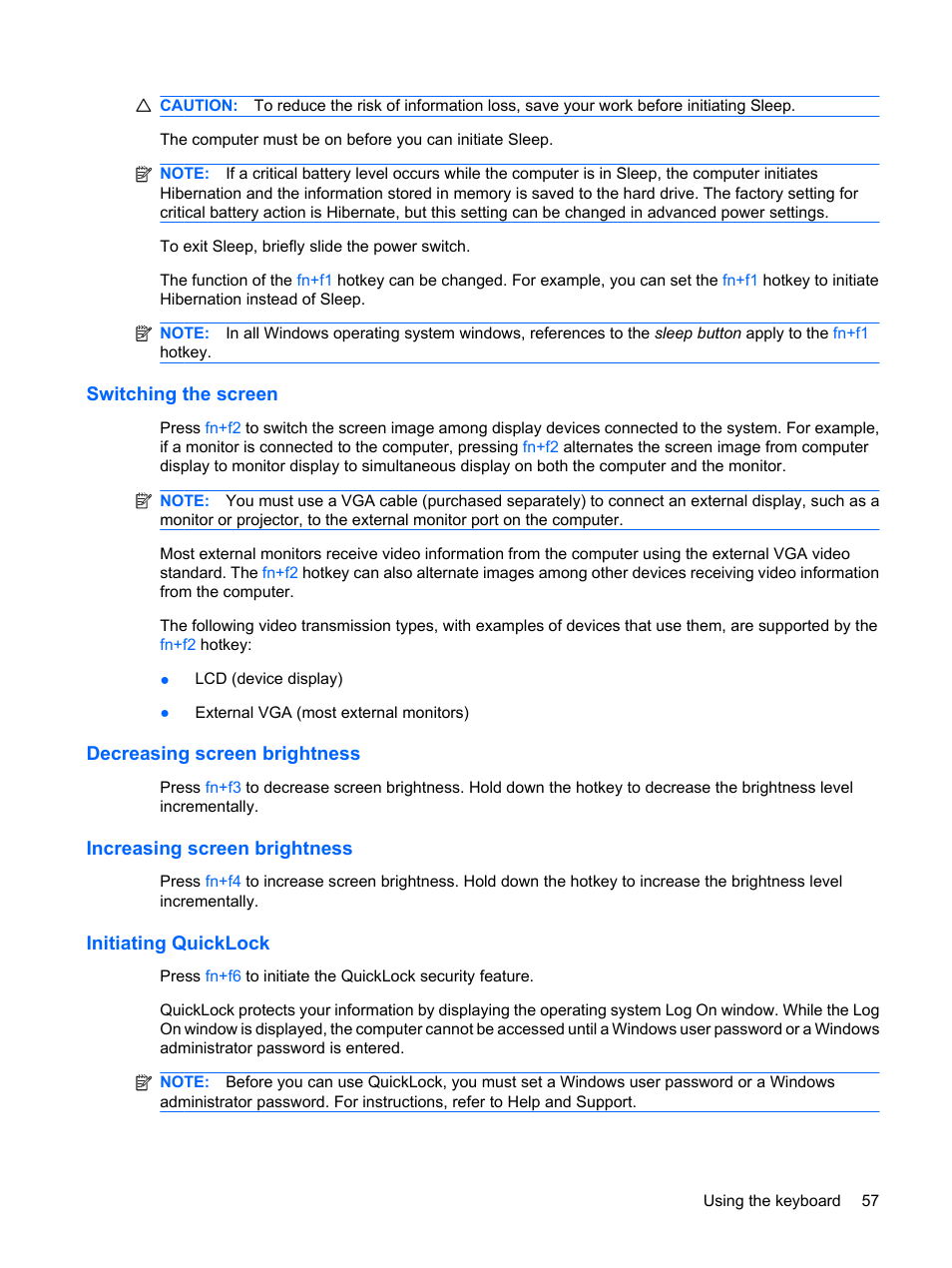 Switching the screen, Decreasing screen brightness, Increasing screen brightness | Initiating quicklock | Compaq Bluetooth Headset User Manual | Page 65 / 85