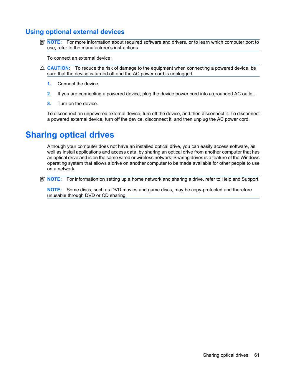 Using optional external devices, Sharing optical drives | Compaq Bluetooth Headset User Manual | Page 69 / 85