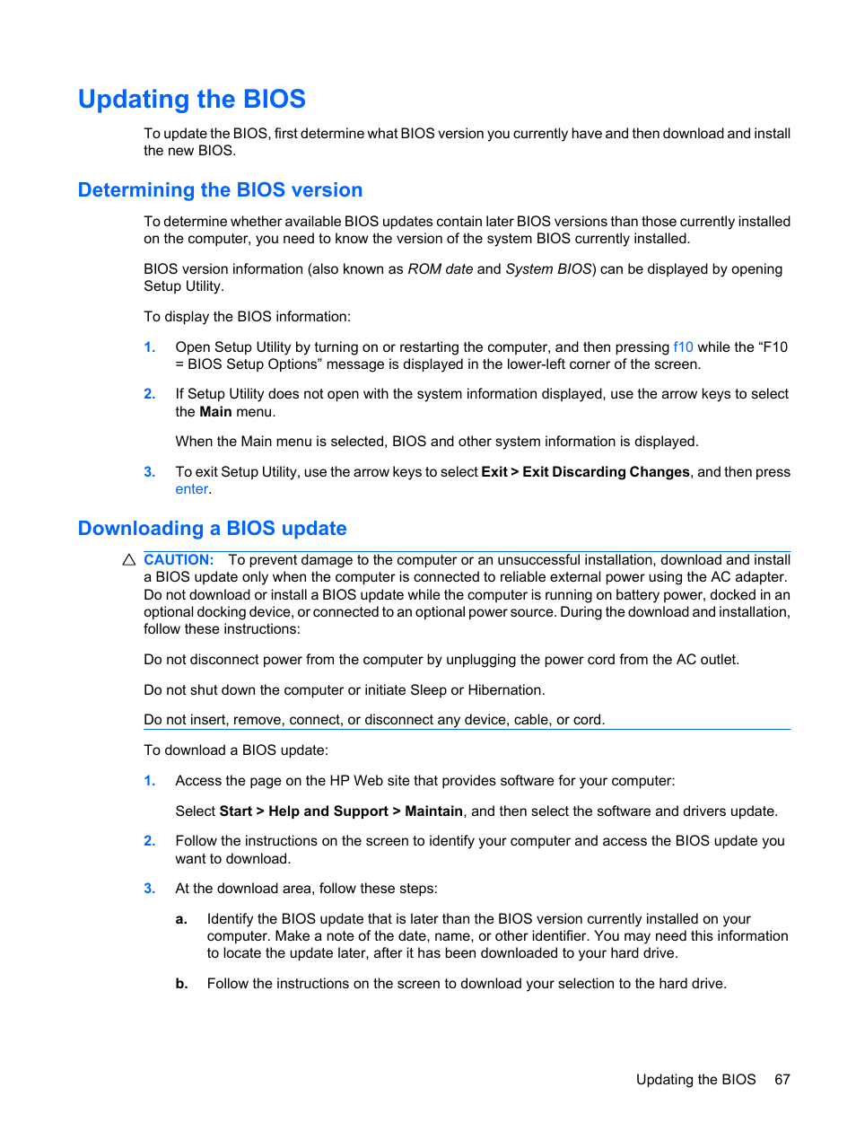 Updating the bios, Determining the bios version, Downloading a bios update | Compaq Bluetooth Headset User Manual | Page 75 / 85