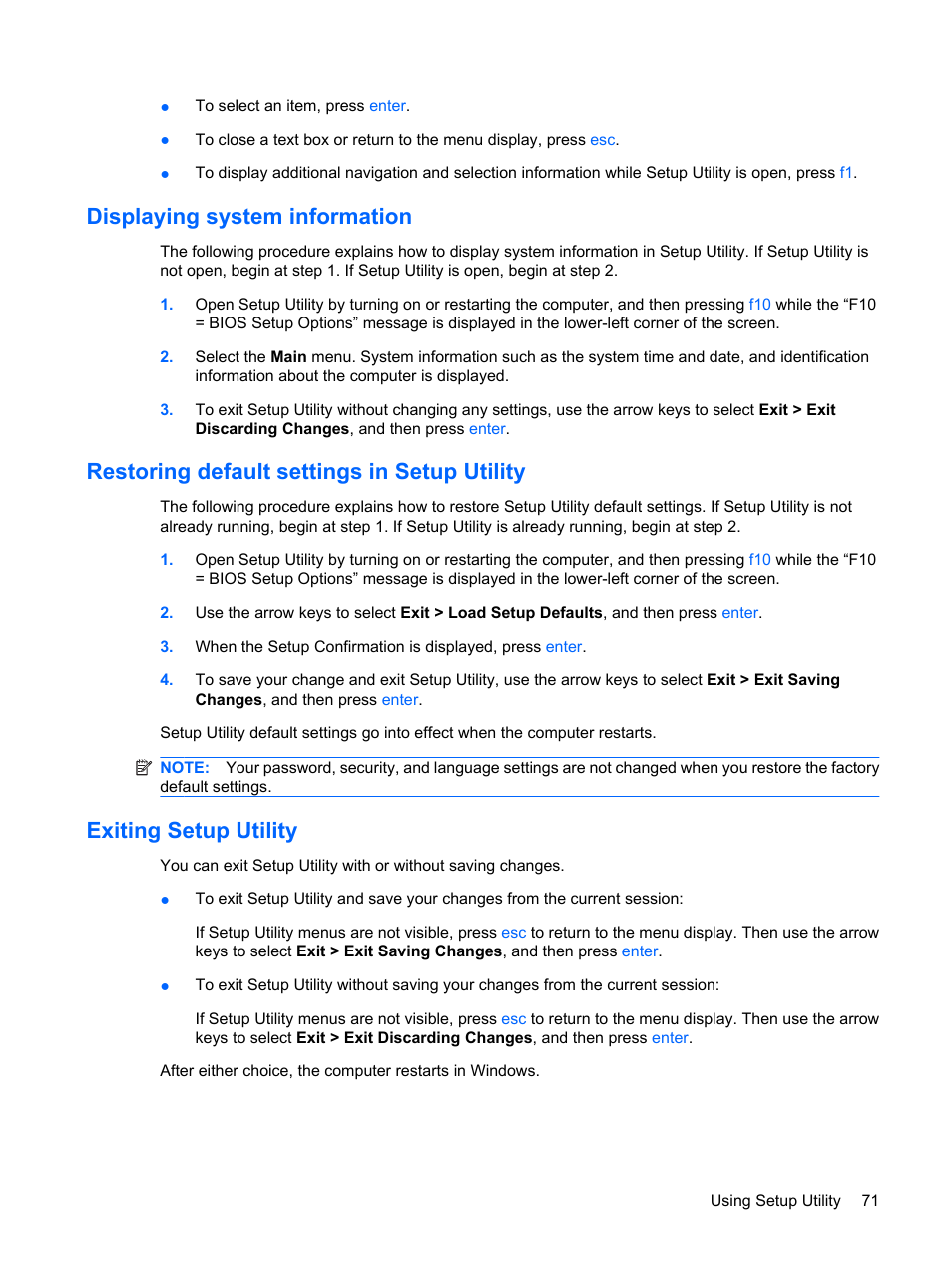 Displaying system information, Restoring default settings in setup utility, Exiting setup utility | Compaq Bluetooth Headset User Manual | Page 79 / 85