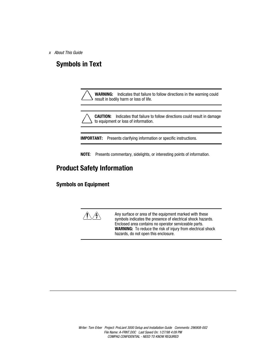 Symbols in text, Product safety information | Compaq PROLIANT 3000 User Manual | Page 10 / 137