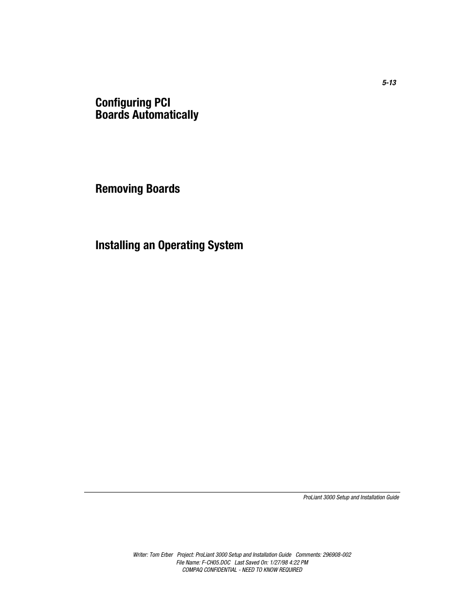 Configuring pci boards automatically, Removing boards, Installing an operating system | Compaq PROLIANT 3000 User Manual | Page 101 / 137