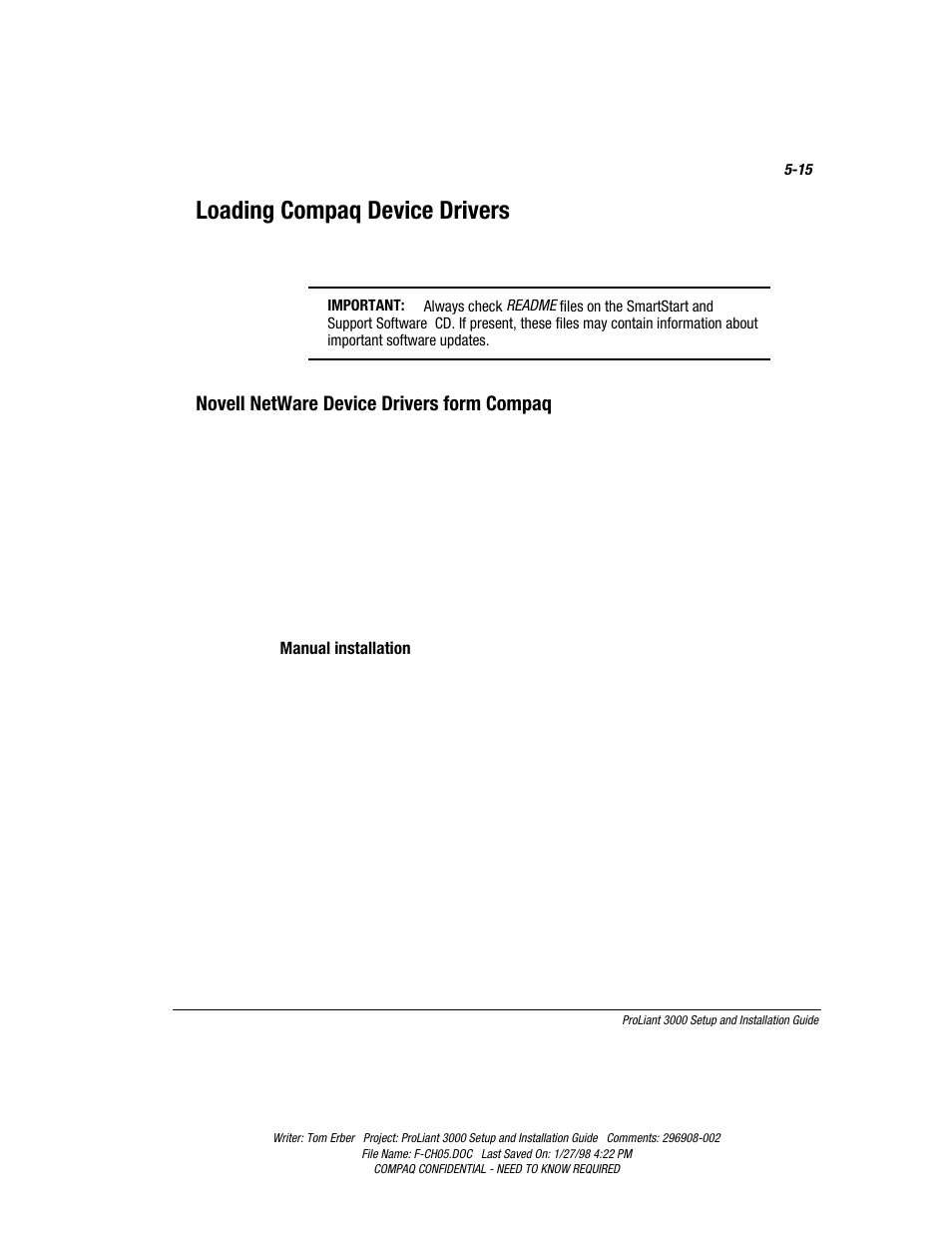 Loading compaq device drivers, Novell netware device drivers form compaq | Compaq PROLIANT 3000 User Manual | Page 103 / 137
