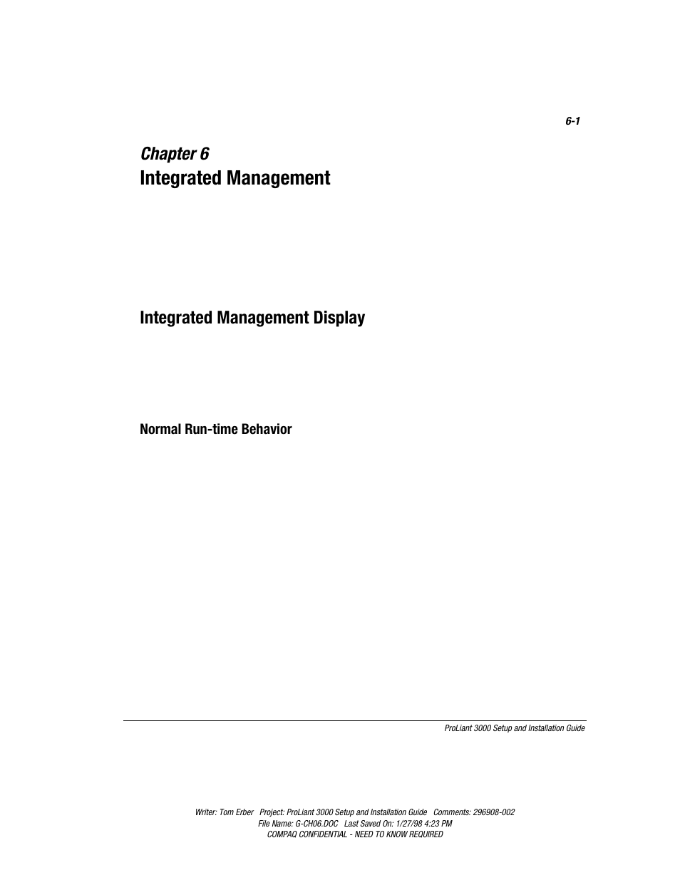 Chapter 6: integrated management, Chapter 6, Integrated management | Integrated management display, Normal run-time behavior | Compaq PROLIANT 3000 User Manual | Page 109 / 137