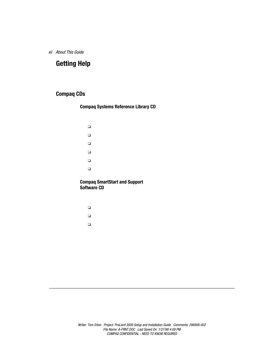 Getting help, Compaq cds | Compaq PROLIANT 3000 User Manual | Page 12 / 137