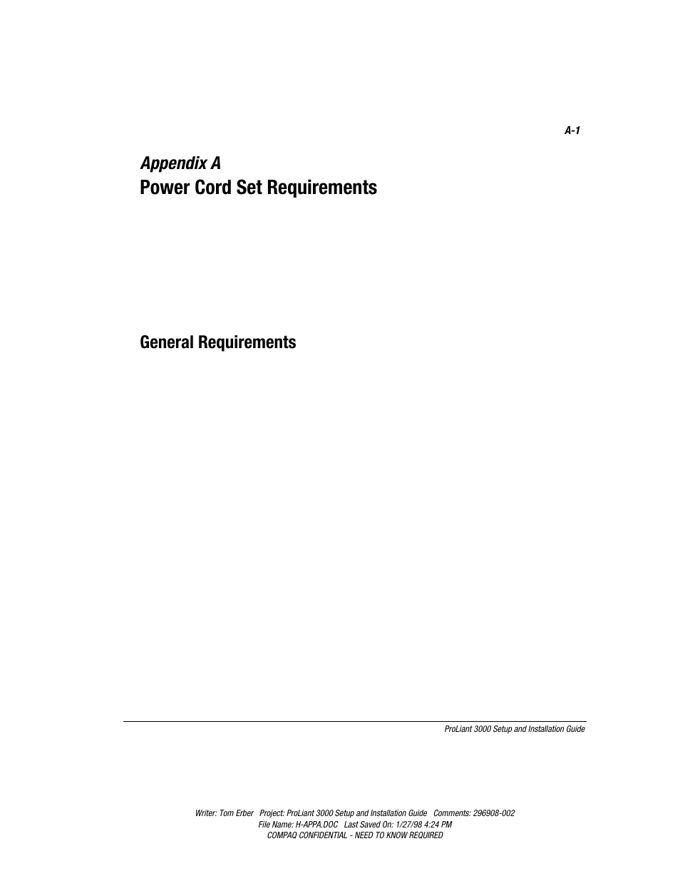 Appendix a: power cord set requirements, Appendix a, Power cord set requirements | General requirements | Compaq PROLIANT 3000 User Manual | Page 122 / 137