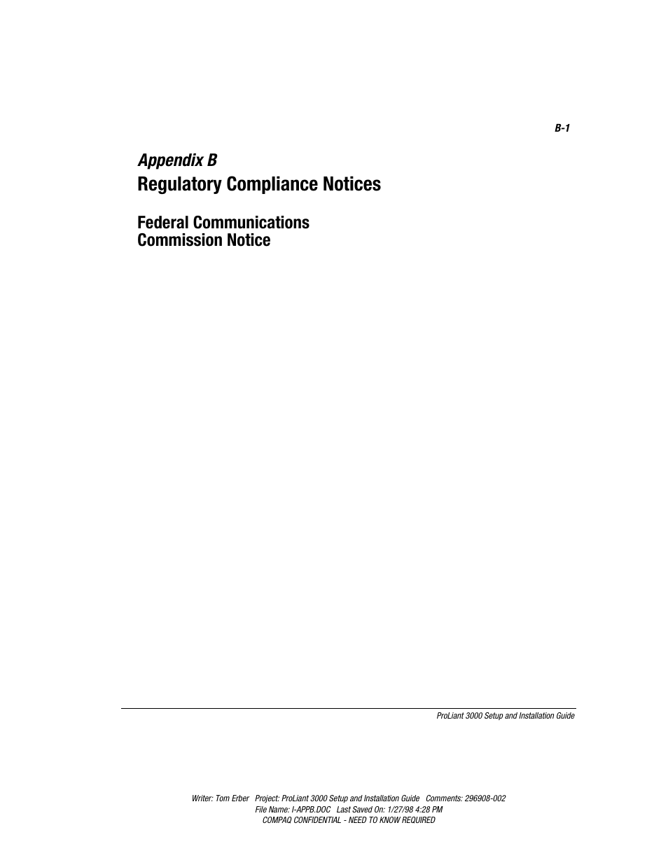 Appendix b: regulatory compliance notices, Appendix b, Regulatory compliance notices | Federal communications commission notice | Compaq PROLIANT 3000 User Manual | Page 124 / 137