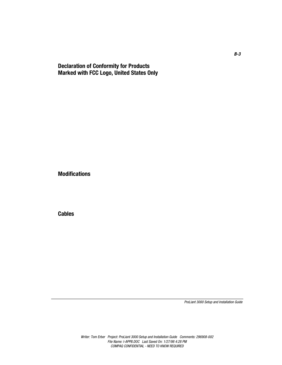 Modifications, Cables | Compaq PROLIANT 3000 User Manual | Page 126 / 137