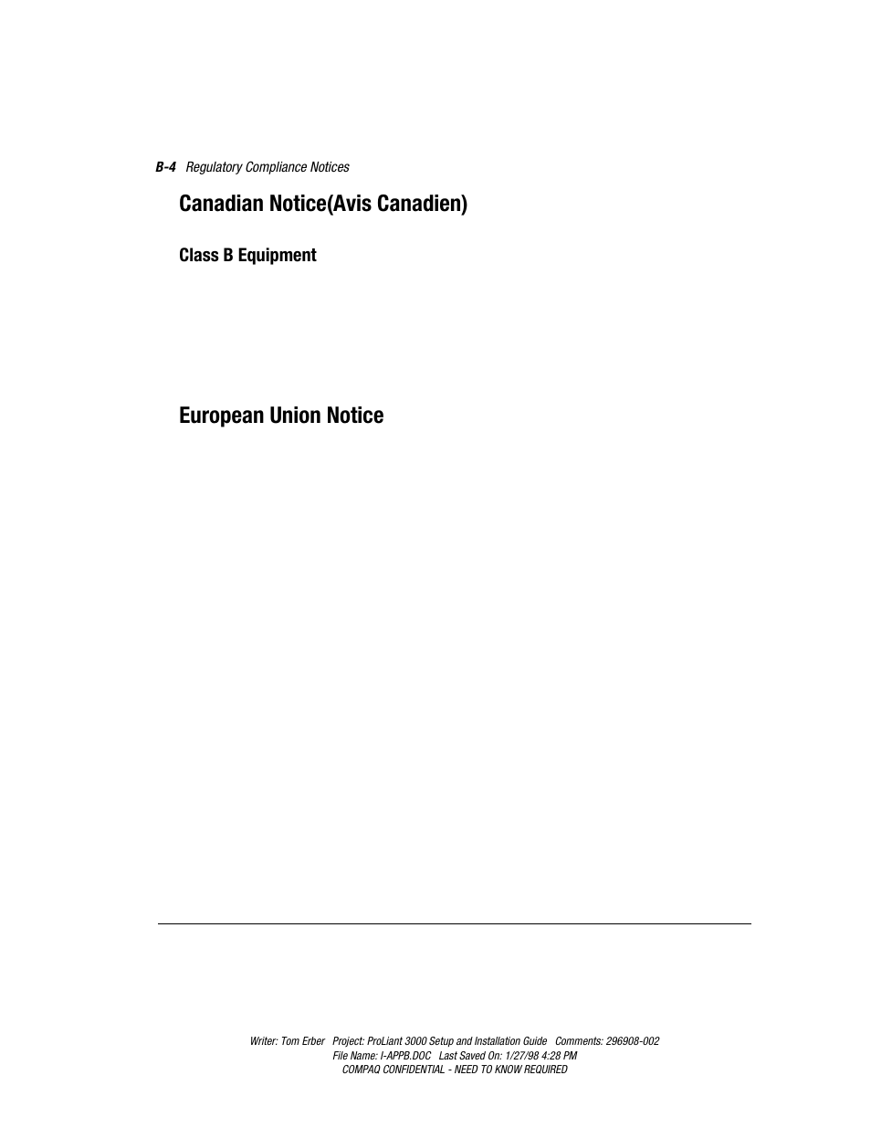 Canadian notice(avis canadien), European union notice, Class b equipment | Compaq PROLIANT 3000 User Manual | Page 127 / 137
