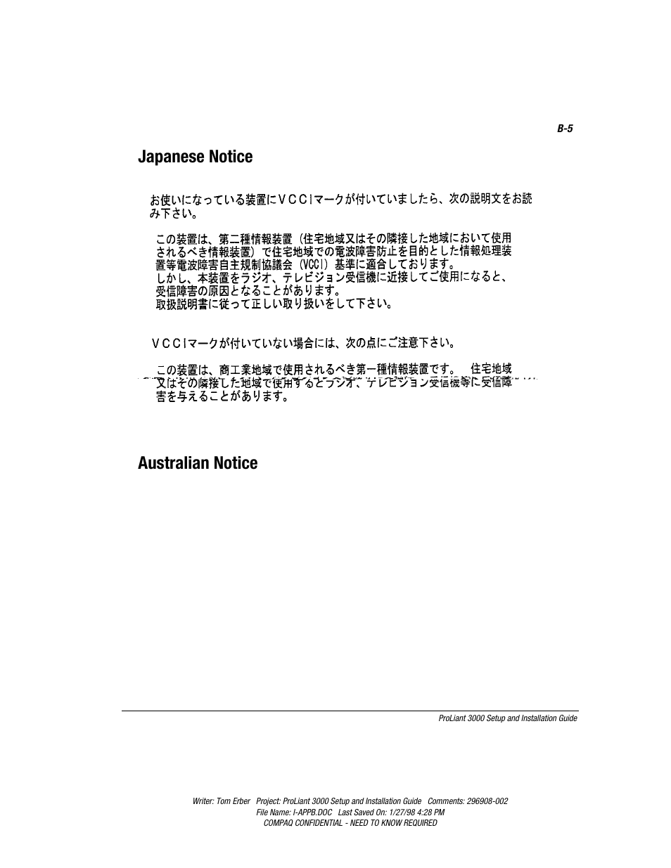 Japanese notice australian notice | Compaq PROLIANT 3000 User Manual | Page 128 / 137