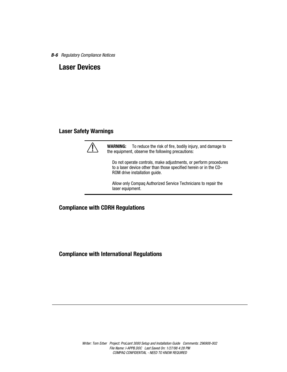 Laser devices, Laser safety warnings, Compliance with cdrh regulations | Compliance with international regulations | Compaq PROLIANT 3000 User Manual | Page 129 / 137