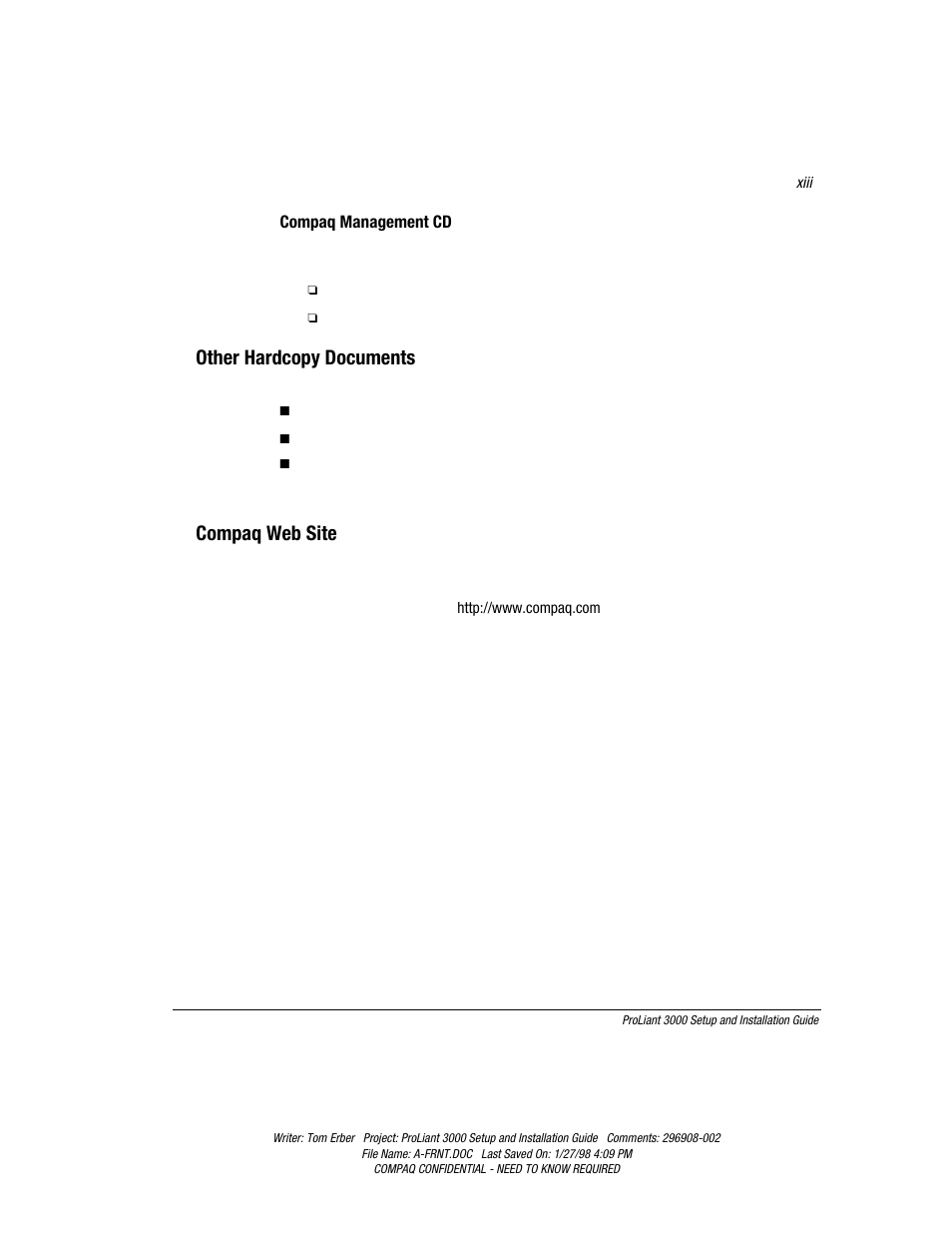 Other hardcopy documents, Compaq web site | Compaq PROLIANT 3000 User Manual | Page 13 / 137