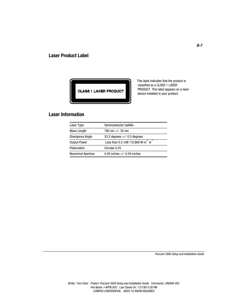 Laser product label, Laser information | Compaq PROLIANT 3000 User Manual | Page 130 / 137