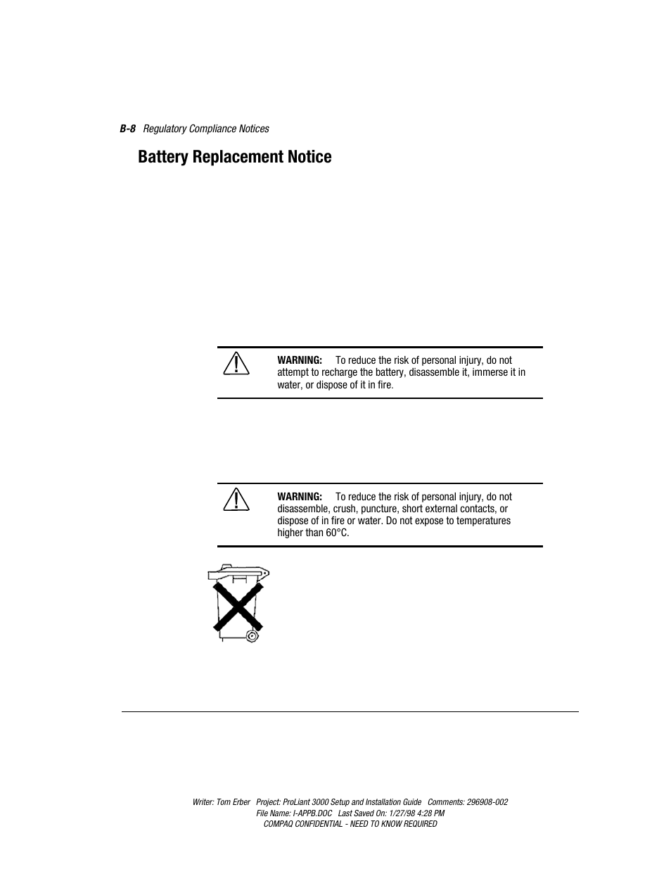 Battery replacement notice | Compaq PROLIANT 3000 User Manual | Page 131 / 137