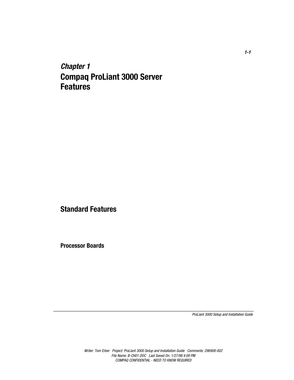 Chapter 1: compaq proliant 3000 server features, Compaq proliant 3000 server features, Continued | Chapter 1, Standard features, Processor boards | Compaq PROLIANT 3000 User Manual | Page 17 / 137