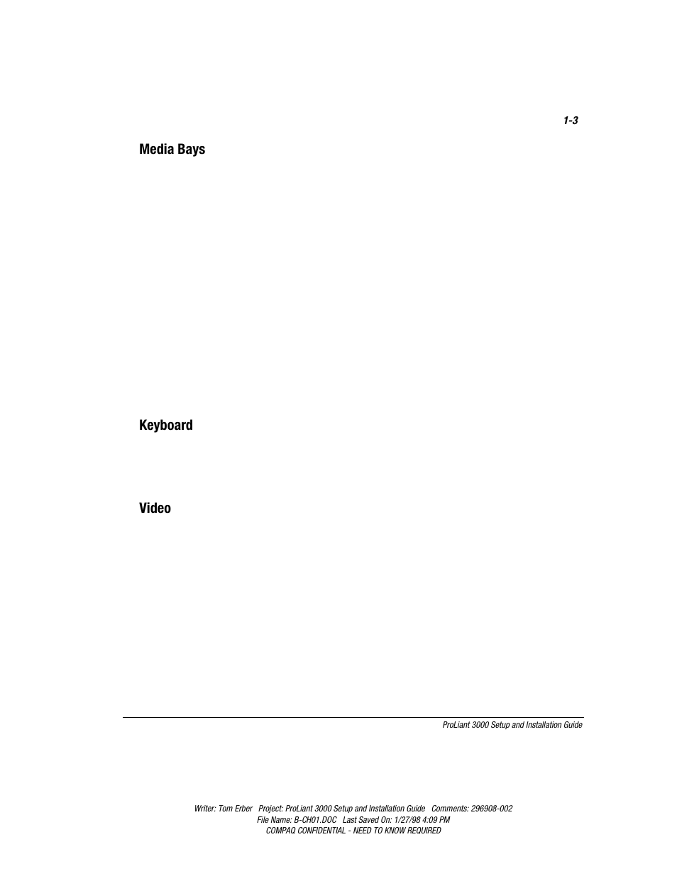 Media bays, Keyboard, Video | Compaq PROLIANT 3000 User Manual | Page 19 / 137