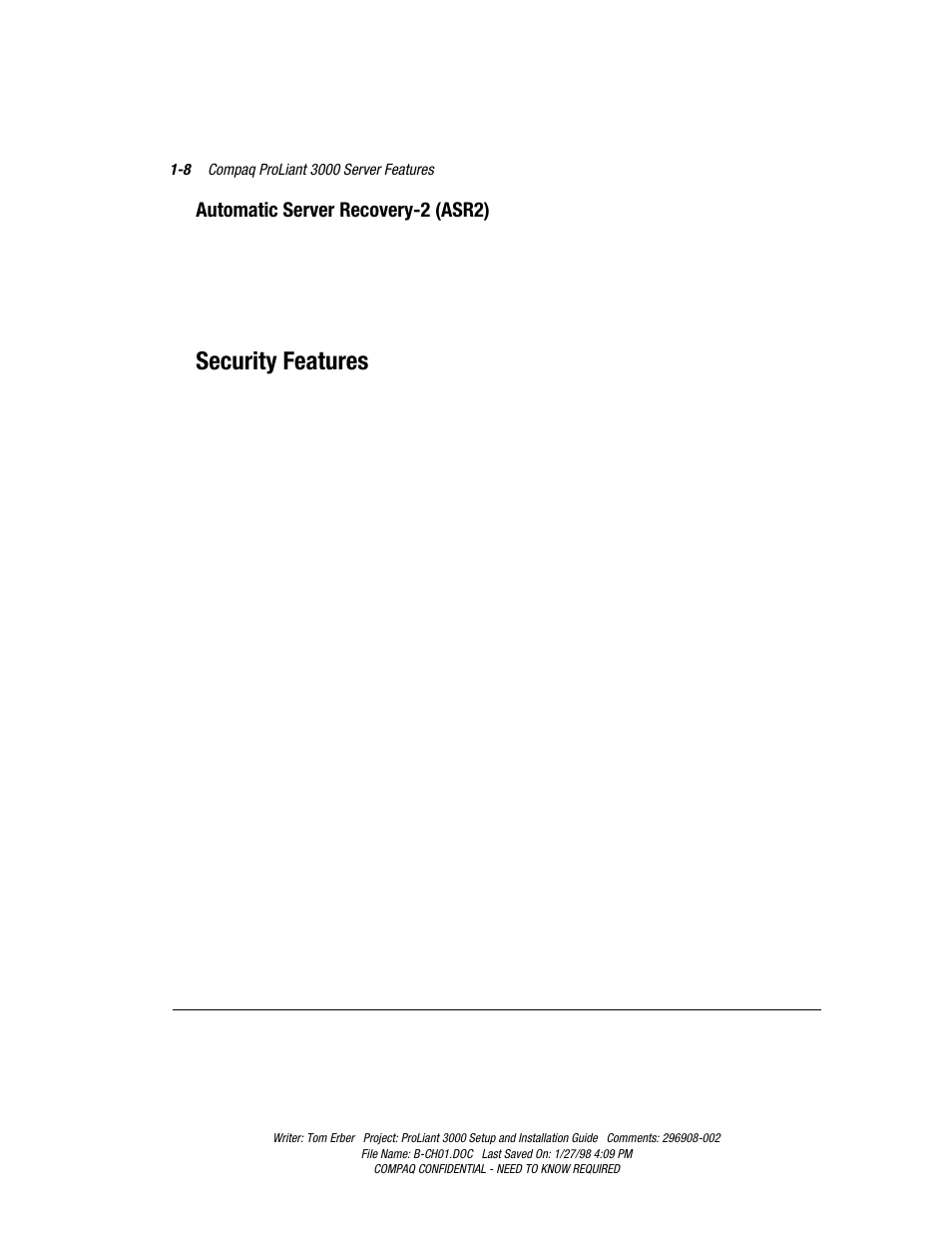 Security features, Automatic server recovery-2 (asr2) | Compaq PROLIANT 3000 User Manual | Page 24 / 137