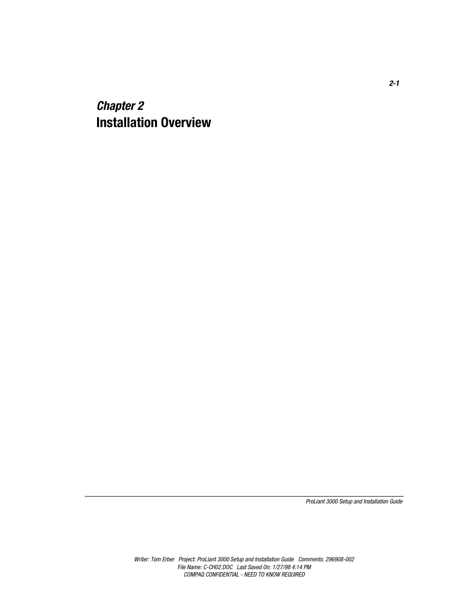 Chapter 2: installation overview, Chapter 2, Installation overview | Compaq PROLIANT 3000 User Manual | Page 28 / 137