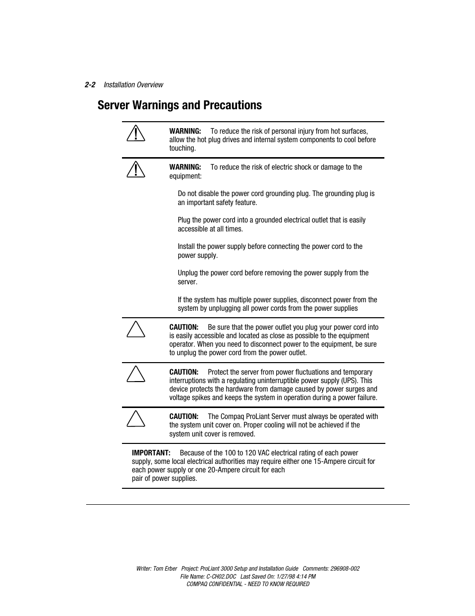 Server warnings and precautions | Compaq PROLIANT 3000 User Manual | Page 29 / 137