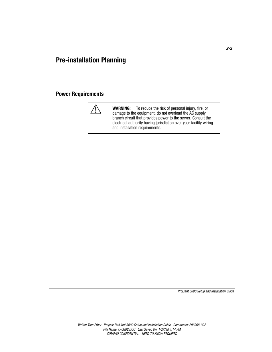 Pre-installation planning, Power requirements | Compaq PROLIANT 3000 User Manual | Page 30 / 137