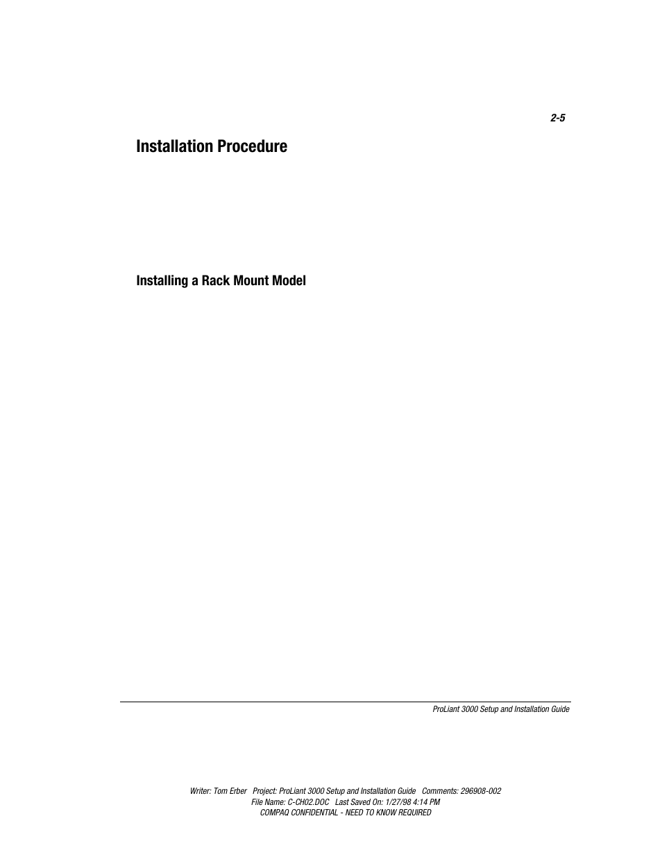 Installation procedure, Installing a rack mount model | Compaq PROLIANT 3000 User Manual | Page 32 / 137