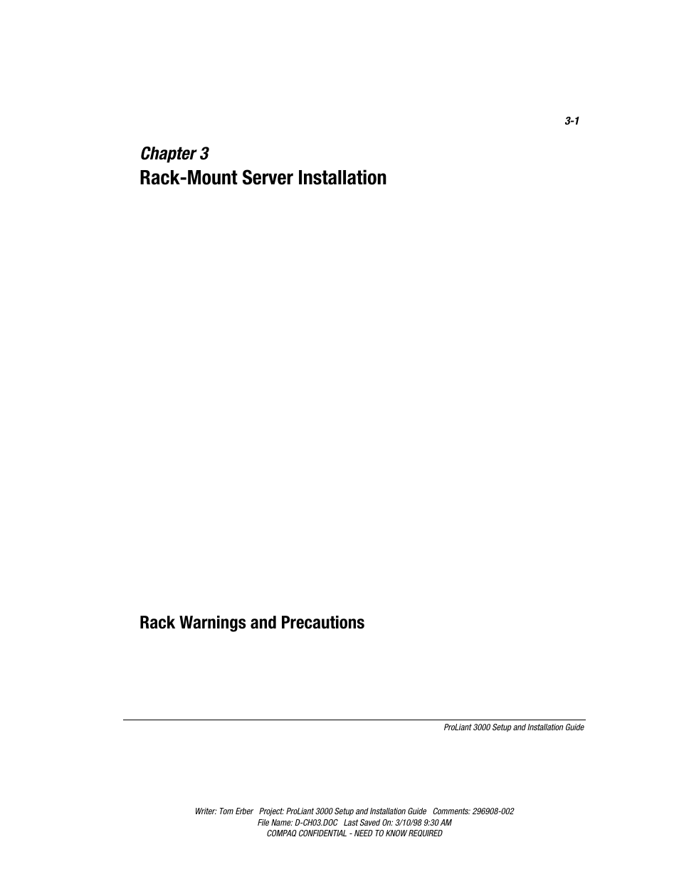 Chapter 3: rack-mount server installation, Chapter 3, Rack-mount server installation | Rack warnings and precautions | Compaq PROLIANT 3000 User Manual | Page 35 / 137