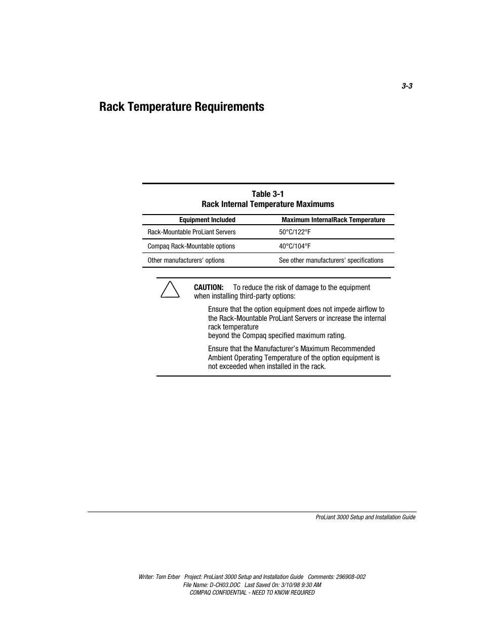 Rack temperature requirements | Compaq PROLIANT 3000 User Manual | Page 37 / 137