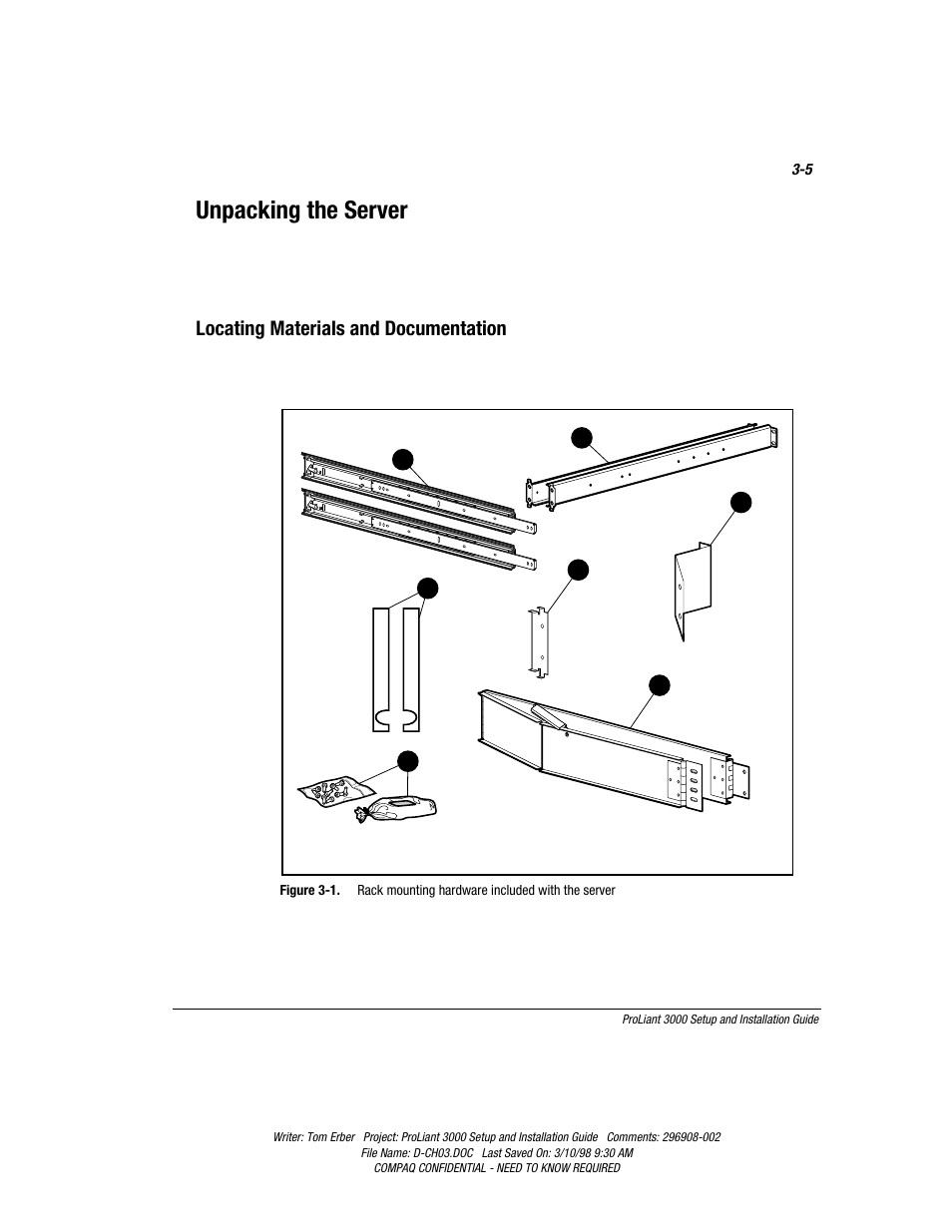 Unpacking the server, Locating materials and documentation | Compaq PROLIANT 3000 User Manual | Page 39 / 137