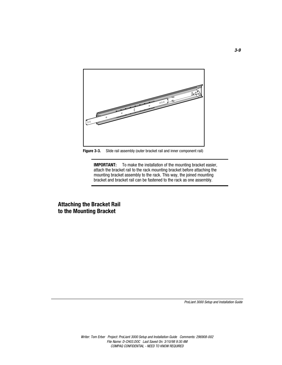 Attaching the bracket rail to the mounting bracket | Compaq PROLIANT 3000 User Manual | Page 43 / 137