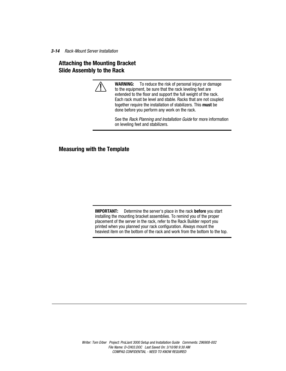 Measuring with the template | Compaq PROLIANT 3000 User Manual | Page 48 / 137