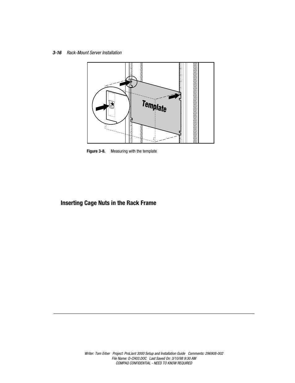 Inserting cage nuts in the rack frame | Compaq PROLIANT 3000 User Manual | Page 50 / 137