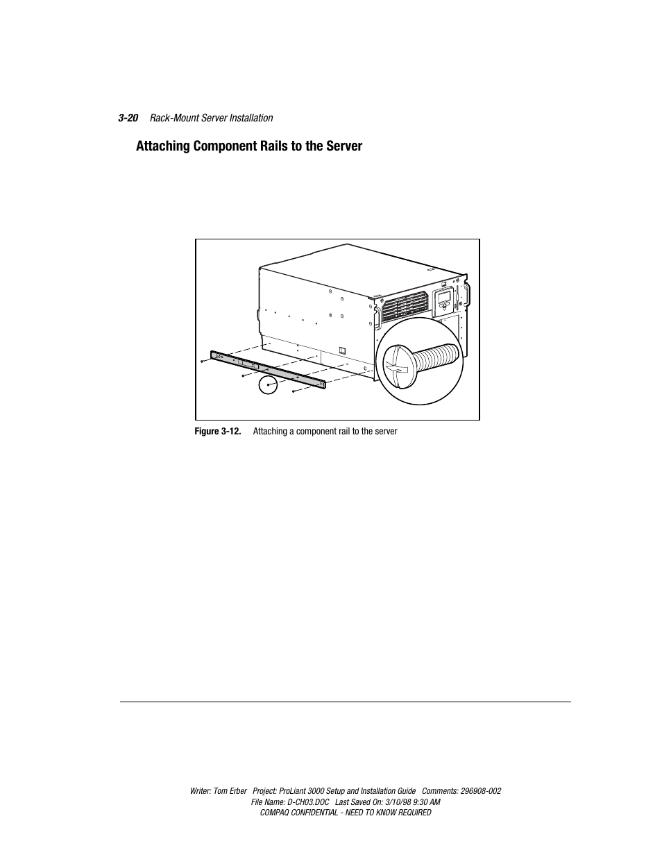 Attaching component rails to the server | Compaq PROLIANT 3000 User Manual | Page 54 / 137