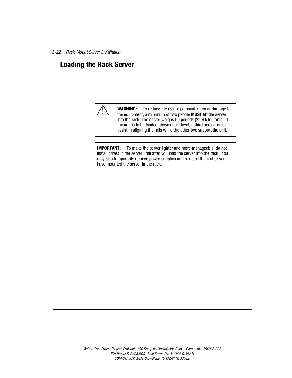 Loading the rack server | Compaq PROLIANT 3000 User Manual | Page 56 / 137