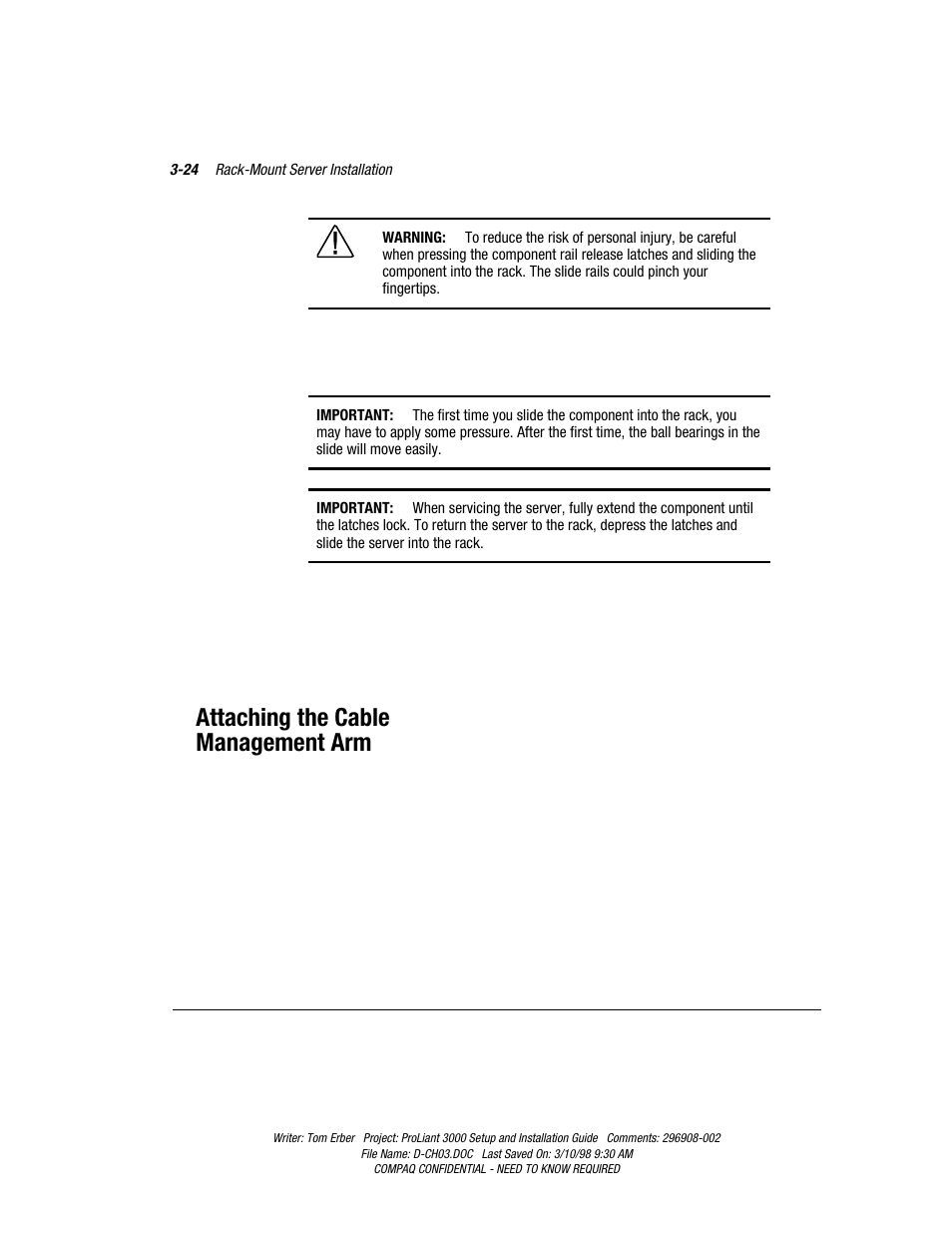 Attaching the cable management arm | Compaq PROLIANT 3000 User Manual | Page 58 / 137