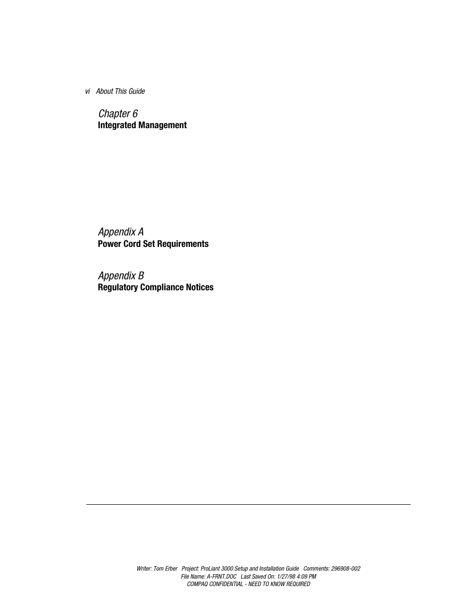 Chapter 6, Appendix a, Appendix b | Compaq PROLIANT 3000 User Manual | Page 6 / 137