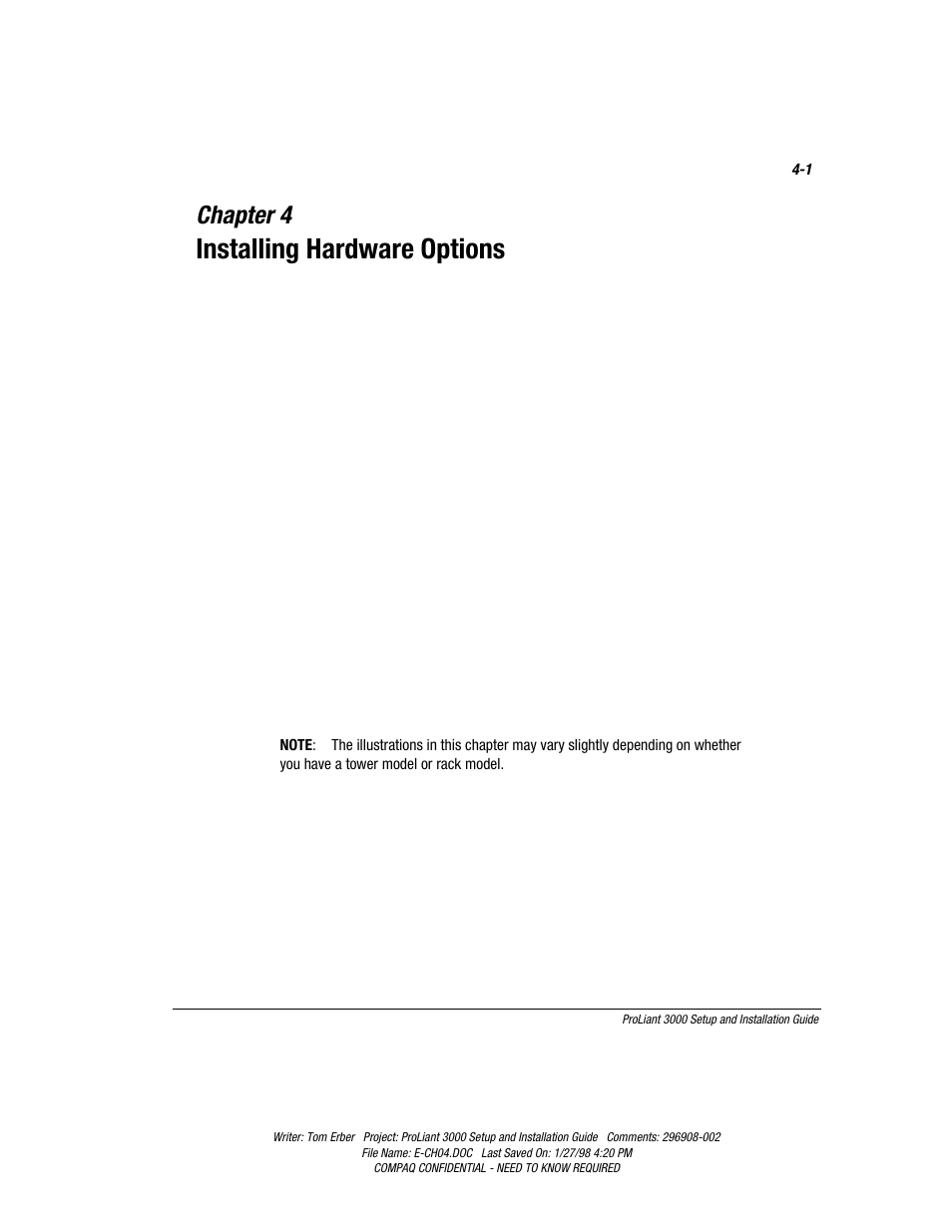 Chapter 4: installing hardware options, Chapter 4, Installing hardware options | Compaq PROLIANT 3000 User Manual | Page 62 / 137