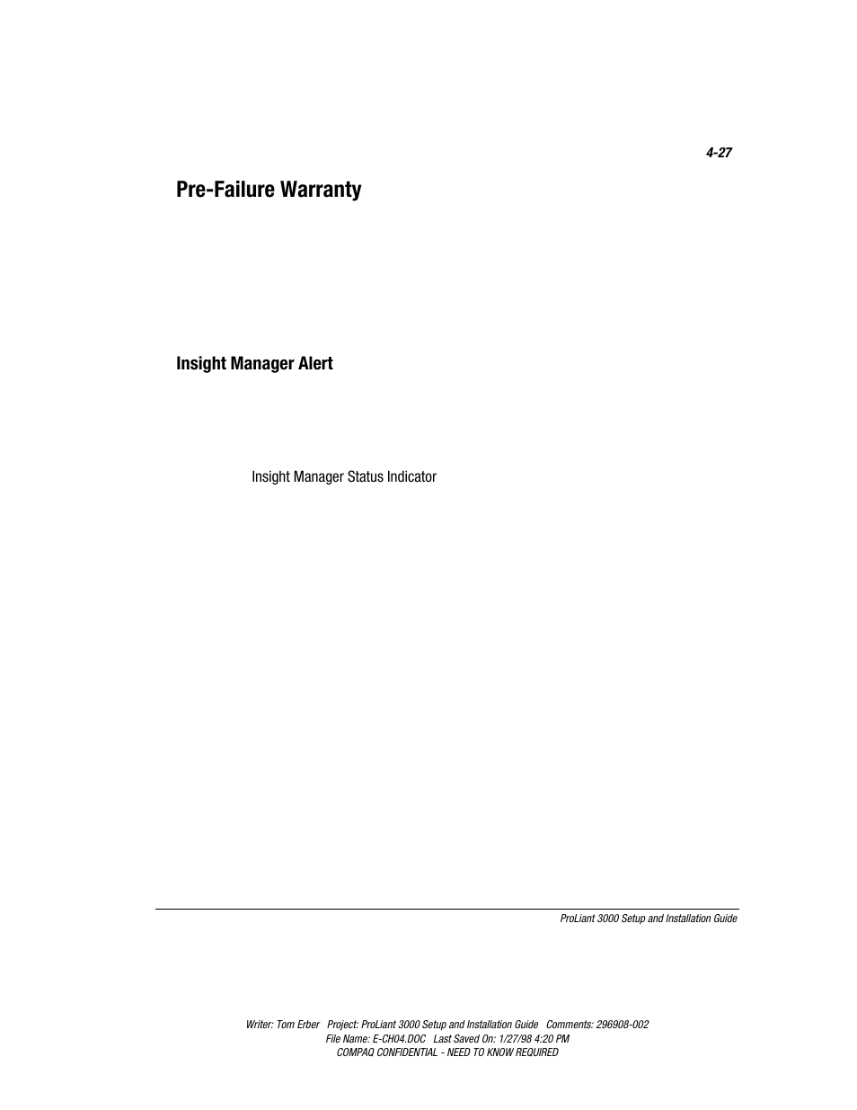 Pre-failure warranty, Insight manager alert | Compaq PROLIANT 3000 User Manual | Page 88 / 137