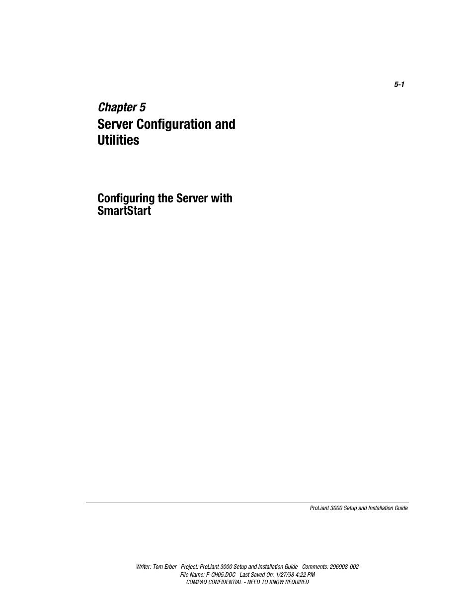 Chapter 5: server configuration and utilities, Chapter 5, Server configuration and utilities | Configuring the server with smartstart | Compaq PROLIANT 3000 User Manual | Page 89 / 137
