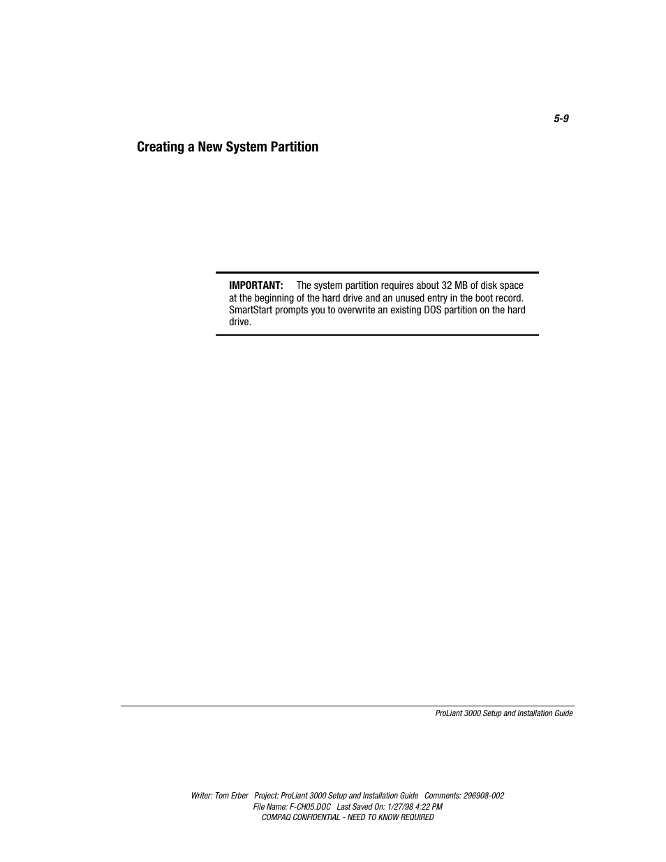 Creating a new system partition | Compaq PROLIANT 3000 User Manual | Page 97 / 137