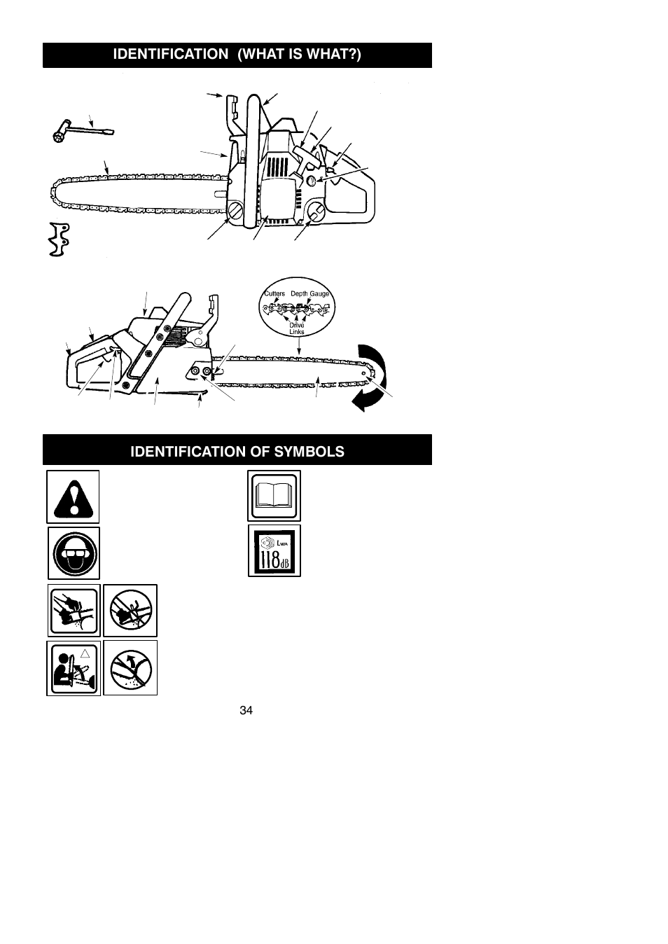 Identification (what is what?), Identification of symbols, Warning | Partner Formula 400 Chrome 2007 User Manual | Page 34 / 48