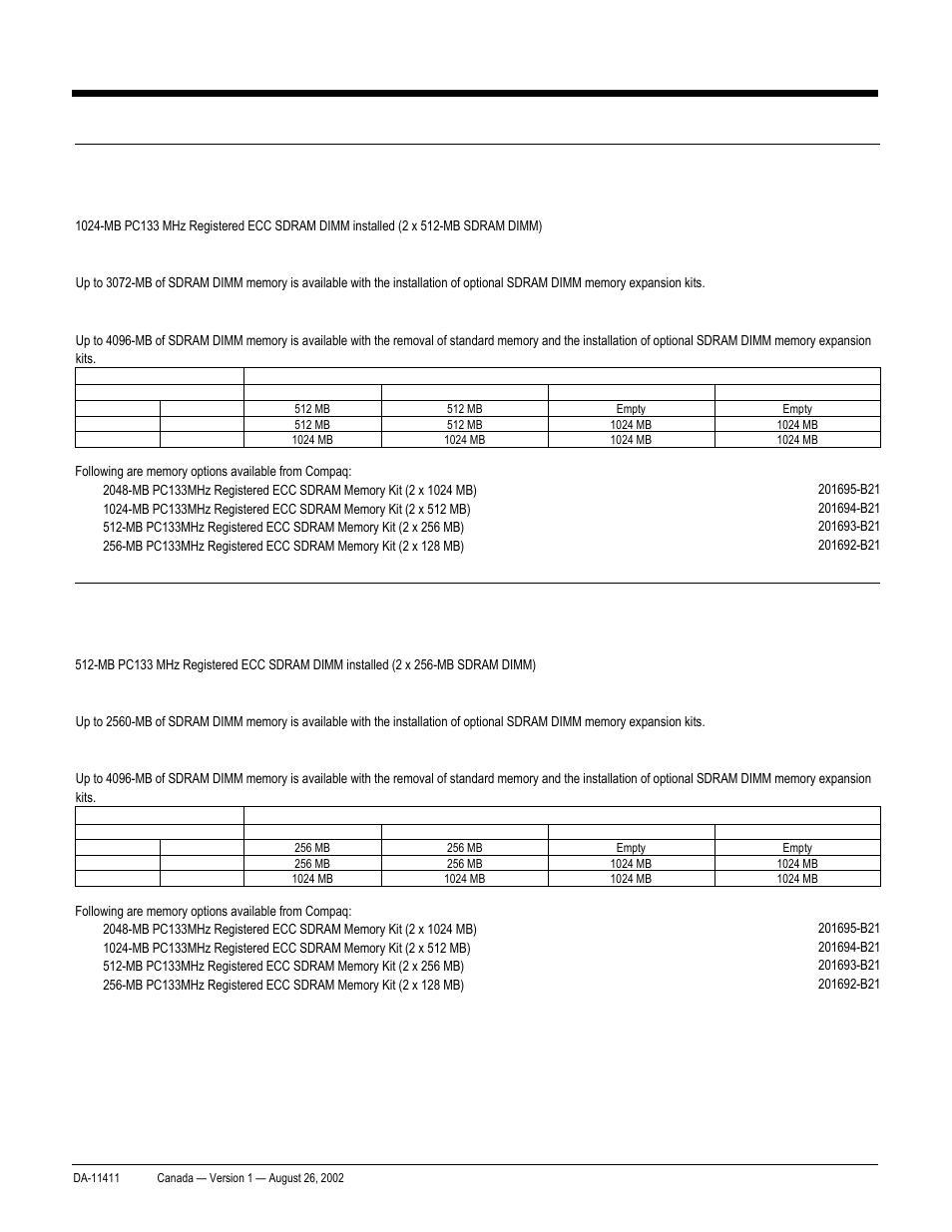 Memory, Quickspecs, Proliant bl20p and p-class system | Compaq ProLiant p-Class User Manual | Page 16 / 24