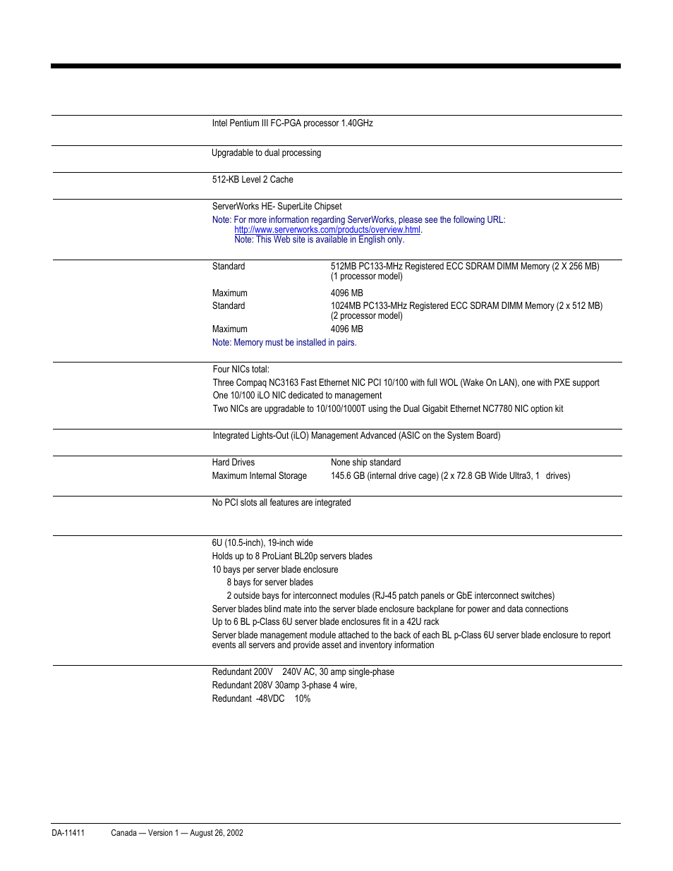 Standard features, Quickspecs, Proliant bl20p and p-class system | Compaq ProLiant p-Class User Manual | Page 3 / 24
