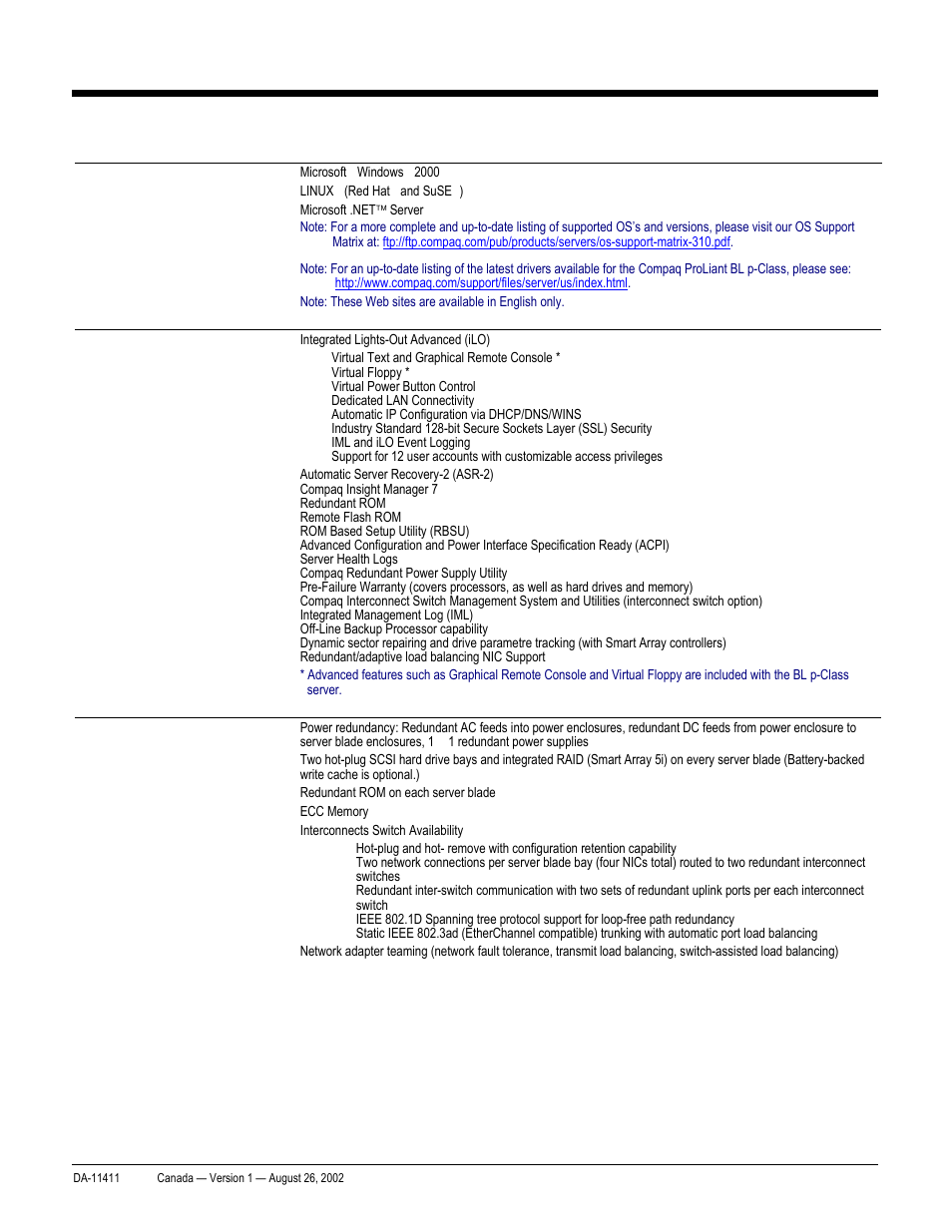 Quickspecs, Standard features, Proliant bl20p and p-class system | Compaq ProLiant p-Class User Manual | Page 7 / 24