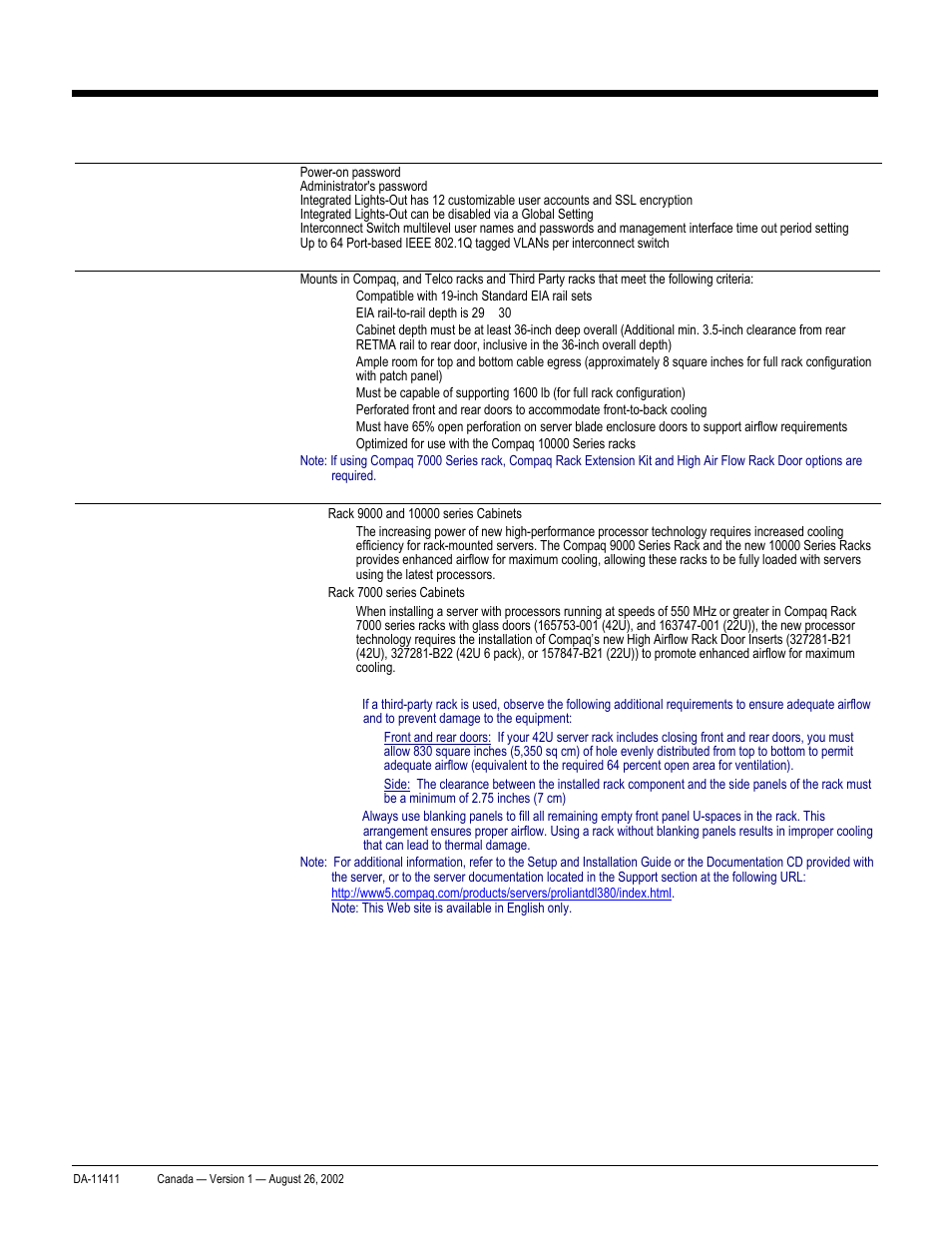 Quickspecs, Standard features, Proliant bl20p and p-class system | Compaq ProLiant p-Class User Manual | Page 8 / 24